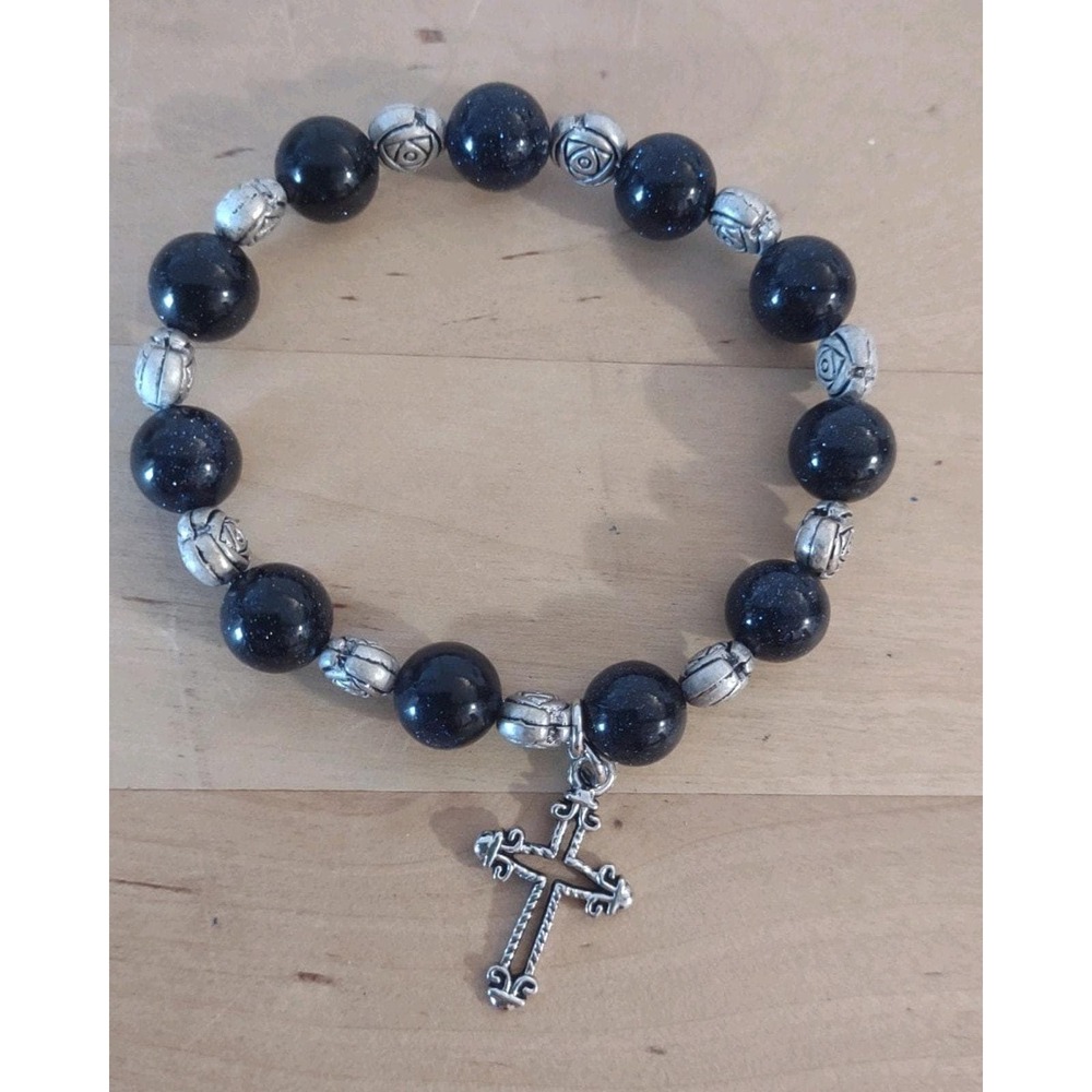 Deep Purple Sparkle Beaded Stretch Bracelet Silver Cross Charm & Rose Beads